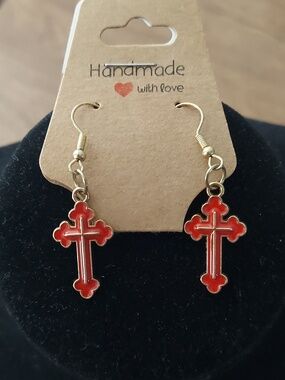 Handmade Red Cross Dangle Earrings